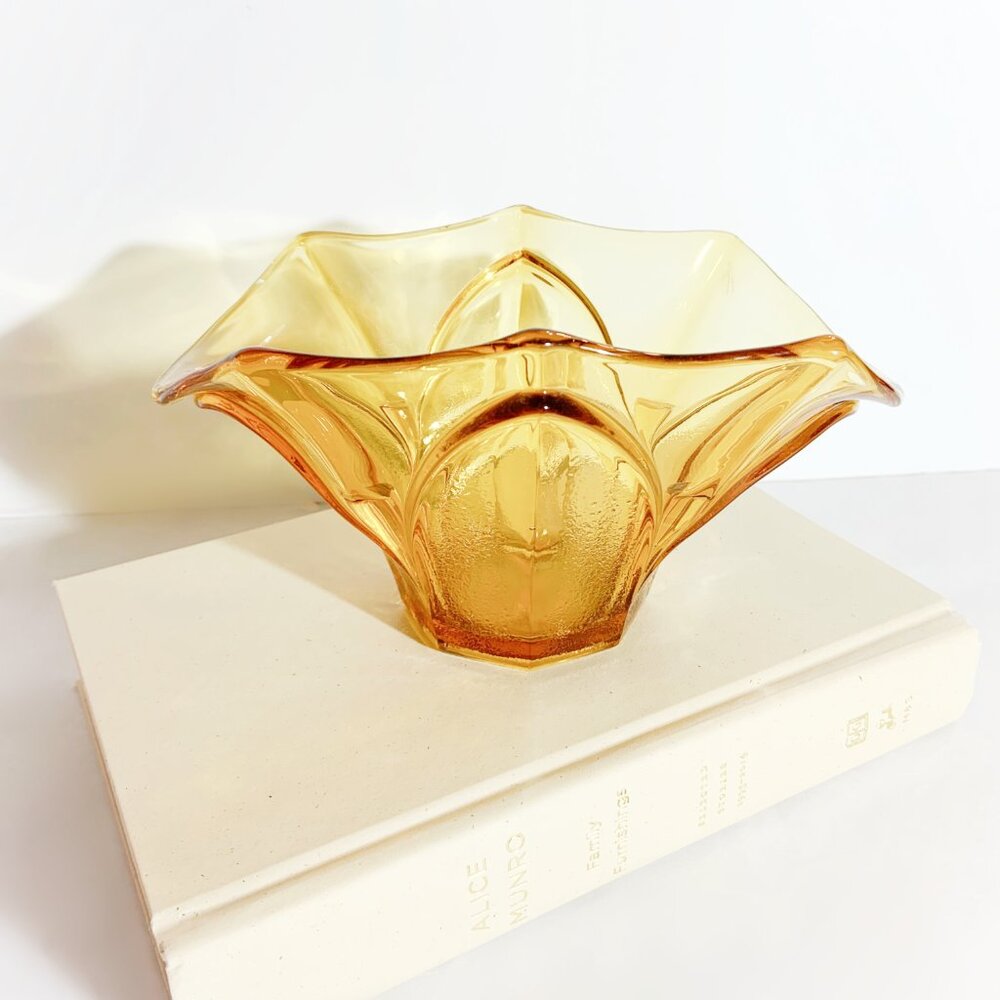 Vintage Amber Glass Vase / Candy Dish with Scallop Edge Design